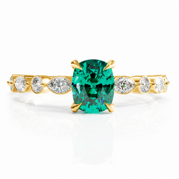 Elongated Cushion Cut Lab Grown Emerald Hidden Halo Side Stone Engagement Ring