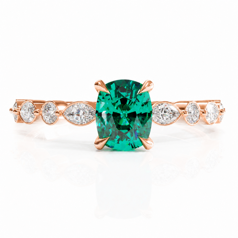 Elongated Cushion Cut Lab Grown Emerald Hidden Halo Side Stone Engagement Ring - Image 2