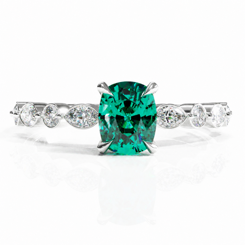Elongated Cushion Cut Lab Grown Emerald Hidden Halo Side Stone Engagement Ring - Image 3
