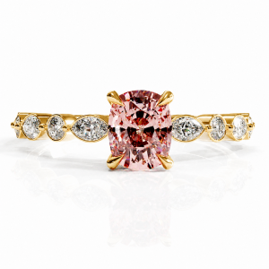Elongated Cushion Cut Lab Grown Morganite Hidden Halo Side Stone Engagement Ring