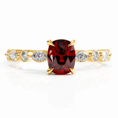 Elongated Cushion Cut Lab Grown Ruby Hidden Halo Side Stone Engagement Ring