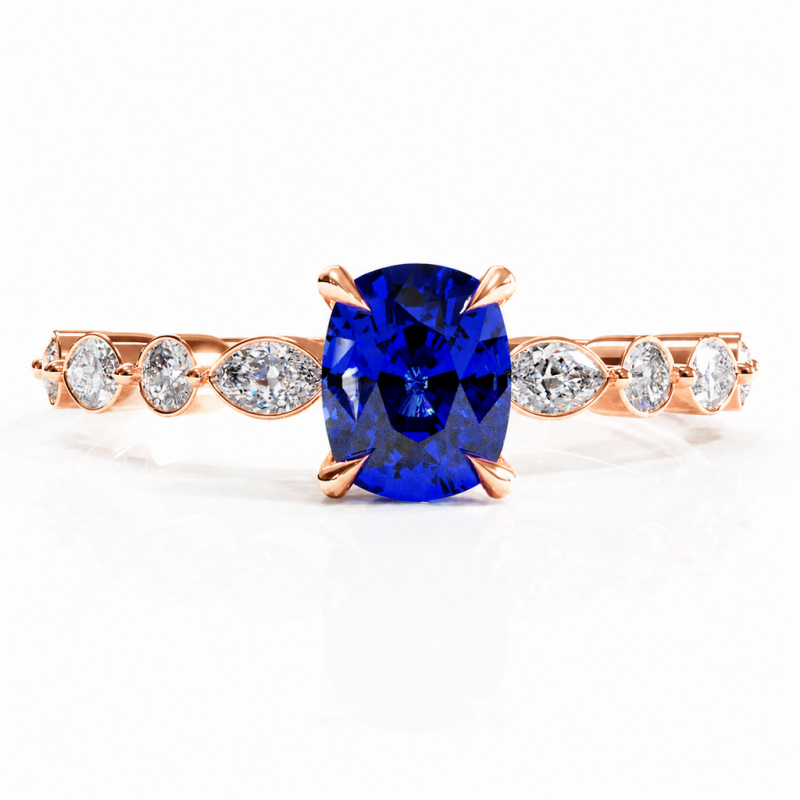 Elongated Cushion Cut Lab Grown Sapphire Hidden Halo Side Stone Engagement Ring - Image 2