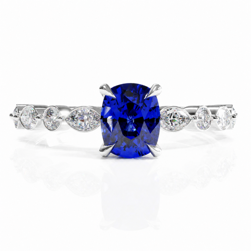 Elongated Cushion Cut Lab Grown Sapphire Hidden Halo Side Stone Engagement Ring - Image 3
