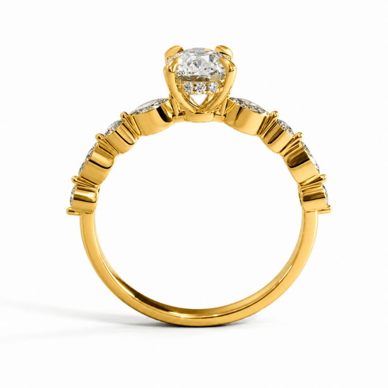 Elongated Cushion Cut Moissanite Hidden Halo Side Stone Engagement Ring - Image 4