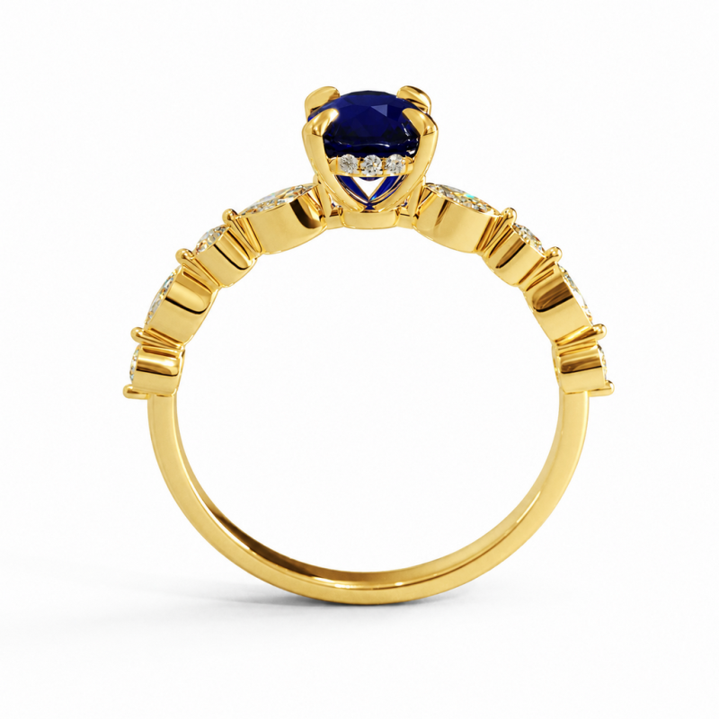 Elongated Cushion Cut Lab Grown Sapphire Hidden Halo Side Stone Engagement Ring - Image 4