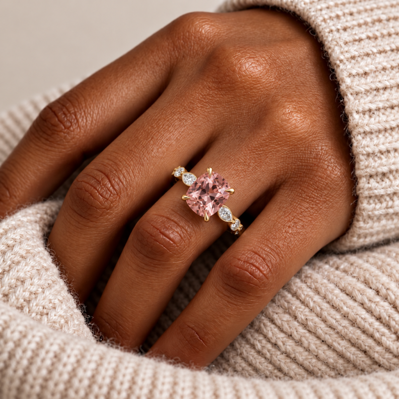 Elongated Cushion Cut Lab Grown Morganite Hidden Halo Side Stone Engagement Ring - Image 5