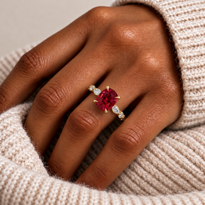 Elongated Cushion Cut Lab Grown Ruby Hidden Halo Side Stone Engagement Ring - Image 5