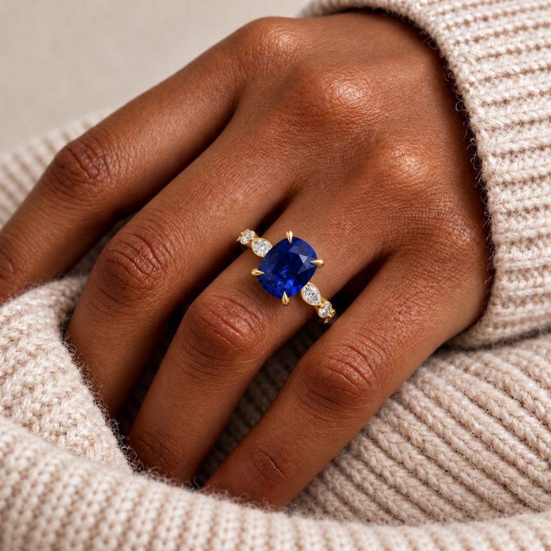 Elongated Cushion Cut Lab Grown Sapphire Hidden Halo Side Stone Engagement Ring - Image 5