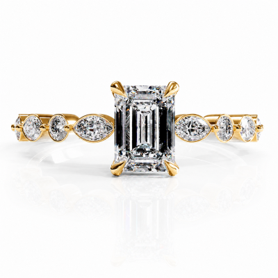 Emerald Cut Moissanite Hidden Halo Side Stone Engagement Ring