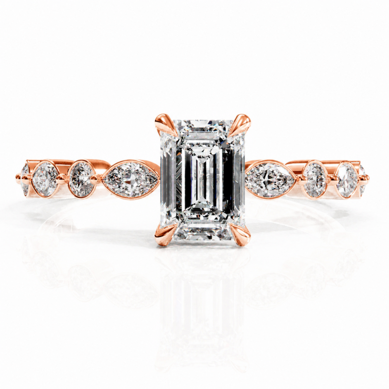 Emerald Cut Moissanite Hidden Halo Side Stone Engagement Ring - Image 2