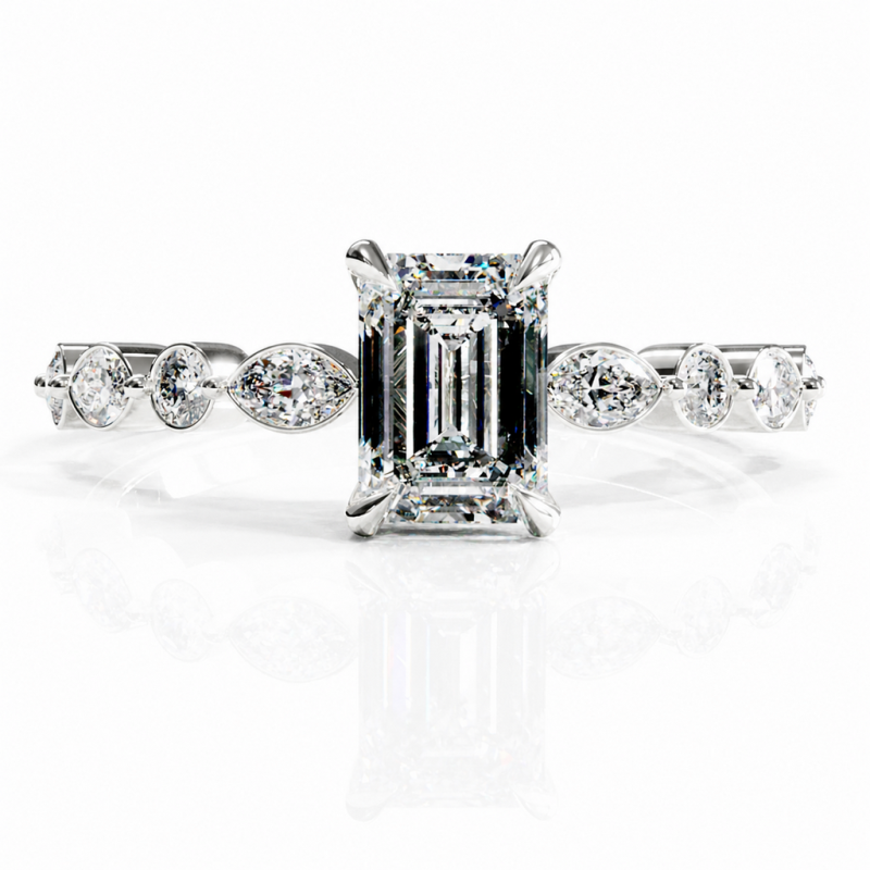Emerald Cut Moissanite Hidden Halo Side Stone Engagement Ring - Image 3