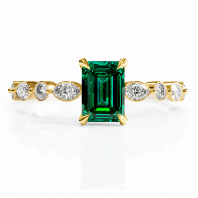 Emerald Cut Lab Grown Emerald Hidden Halo Side Stone Engagement Ring