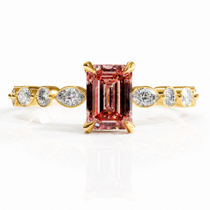 Emerald Cut Lab Grown Morganite Hidden Halo Side Stone Engagement Ring