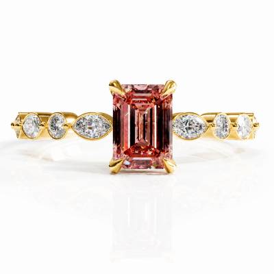 Emerald Cut Lab Grown Morganite Hidden Halo Side Stone Engagement Ring