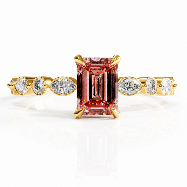 Emerald Cut Lab Grown Morganite Hidden Halo Side Stone Engagement Ring