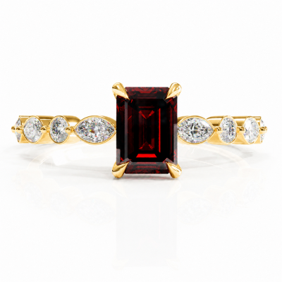 Emerald Cut Lab Grown Ruby Hidden Halo Side Stone Engagement Ring