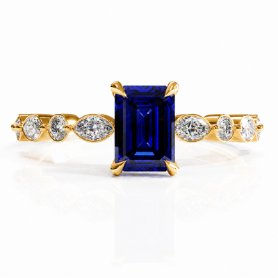 Emerald Cut Lab Grown Sapphire Hidden Halo Side Stone Engagement Ring