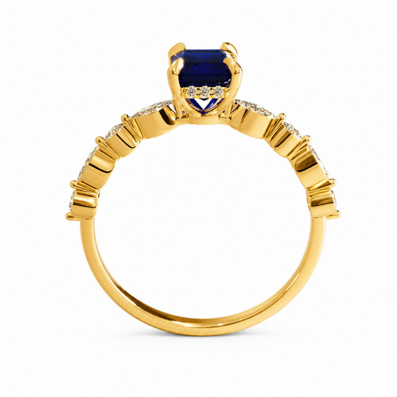Emerald Cut Lab Grown Sapphire Hidden Halo Side Stone Engagement Ring - Image 4
