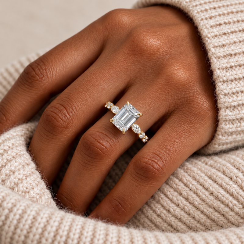 Emerald Cut Moissanite Hidden Halo Side Stone Engagement Ring - Image 5