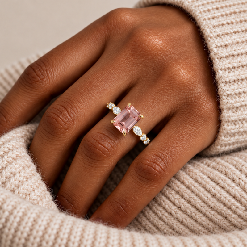 Emerald Cut Lab Grown Morganite Hidden Halo Side Stone Engagement Ring - Image 5