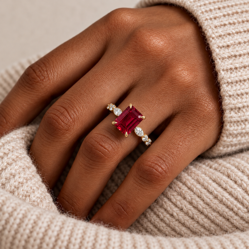 Emerald Cut Lab Grown Ruby Hidden Halo Side Stone Engagement Ring - Image 5