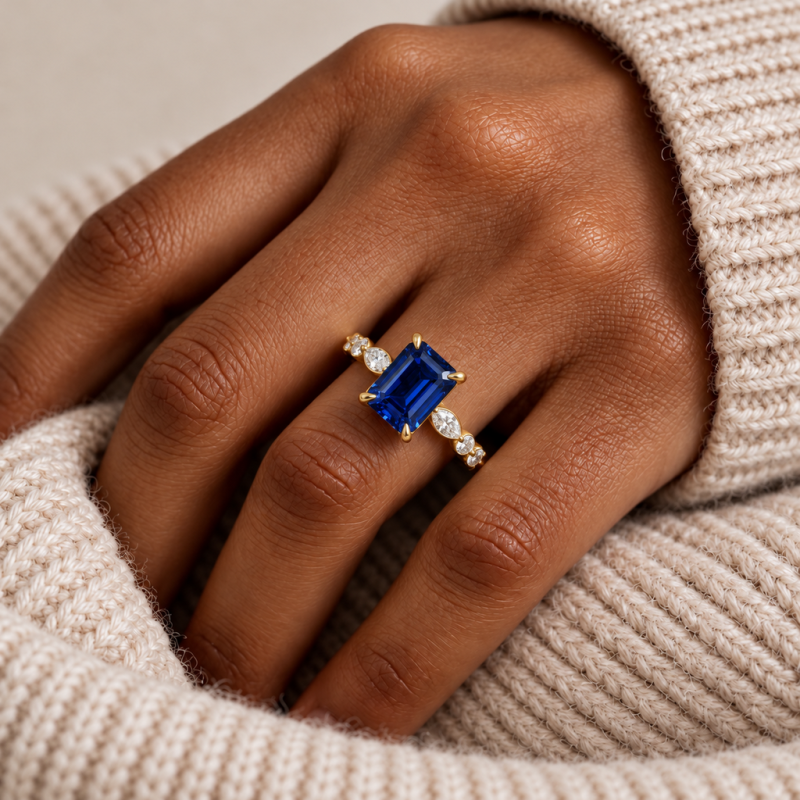 Emerald Cut Lab Grown Sapphire Hidden Halo Side Stone Engagement Ring - Image 5