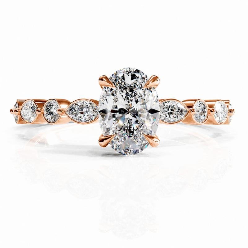 Oval Cut Moissanite Hidden Halo Side Stone Engagement Ring - Image 2