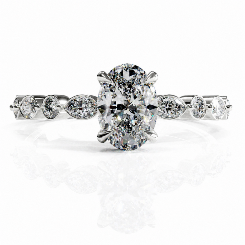 Oval Cut Moissanite Hidden Halo Side Stone Engagement Ring - Image 3