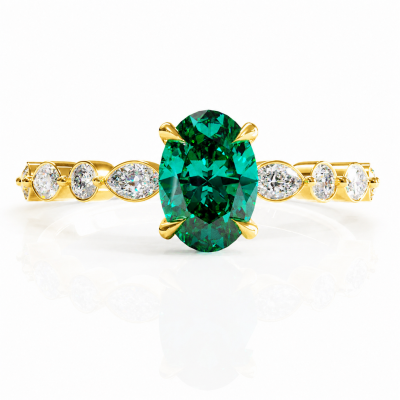 Oval Cut Lab Grown Emerald Hidden Halo Side Stone Engagement Ring