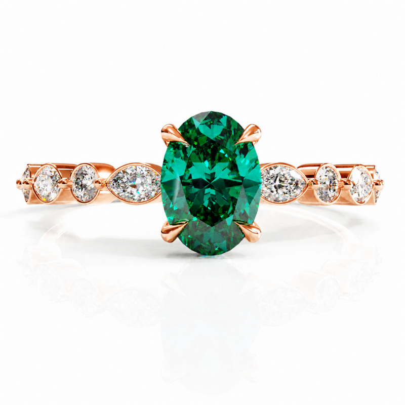 Oval Cut Lab Grown Emerald Hidden Halo Side Stone Engagement Ring - Image 2