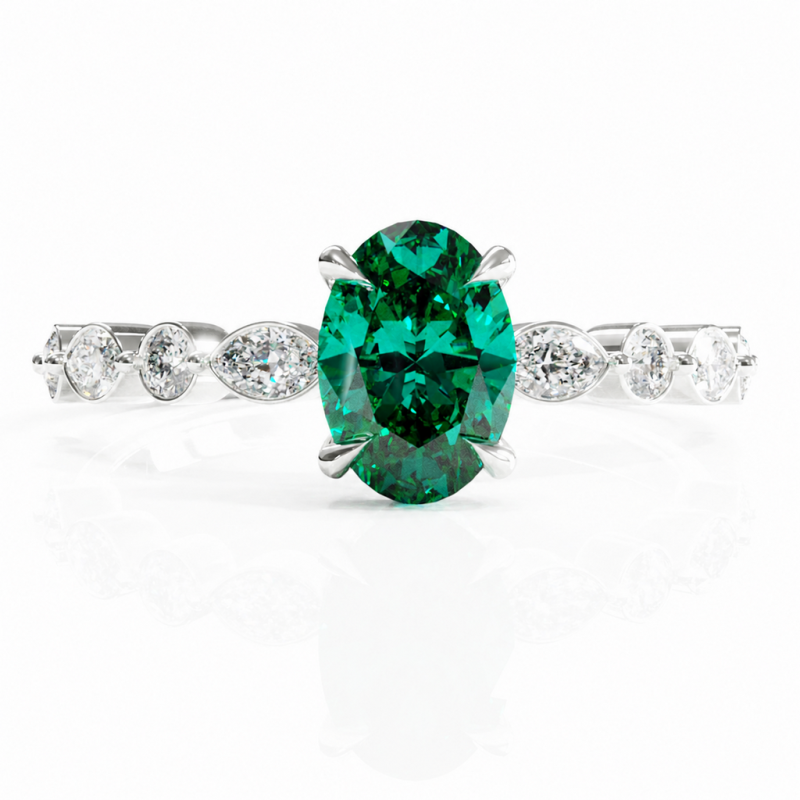 Oval Cut Lab Grown Emerald Hidden Halo Side Stone Engagement Ring - Image 3