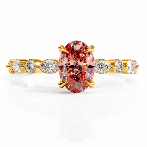 Oval Cut Lab Grown Morganite Hidden Halo Side Stone Engagement Ring