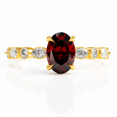 Oval Cut Lab Grown Ruby Hidden Halo Side Stone Engagement Ring
