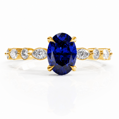 Oval Cut Lab Grown Sapphire Hidden Halo Side Stone Engagement Ring