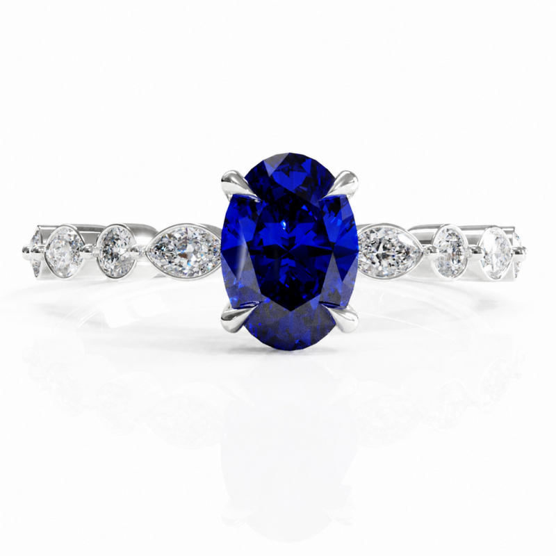 Oval Cut Lab Grown Sapphire Hidden Halo Side Stone Engagement Ring - Image 3