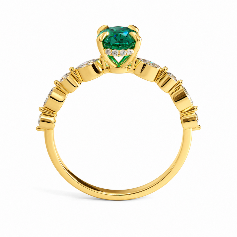 Oval Cut Lab Grown Emerald Hidden Halo Side Stone Engagement Ring - Image 4