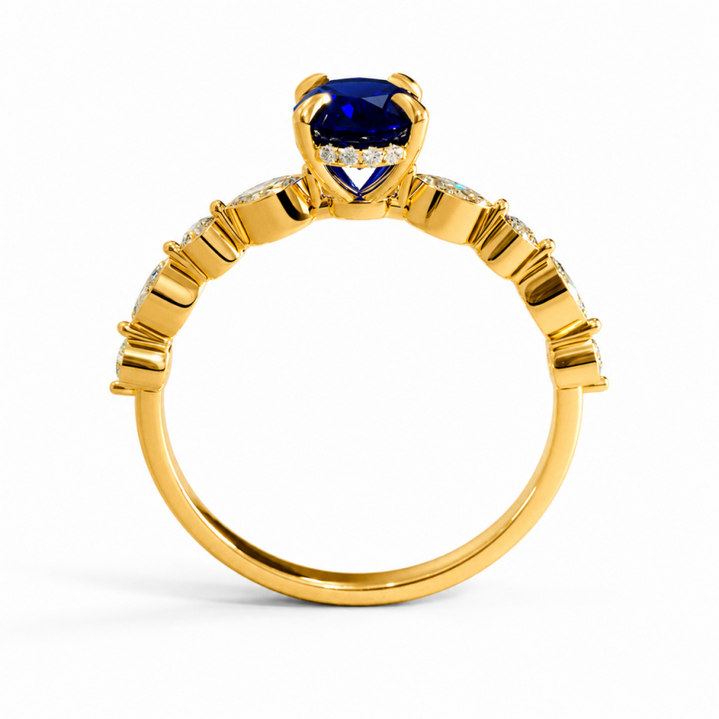 Oval Cut Lab Grown Sapphire Hidden Halo Side Stone Engagement Ring - Image 4