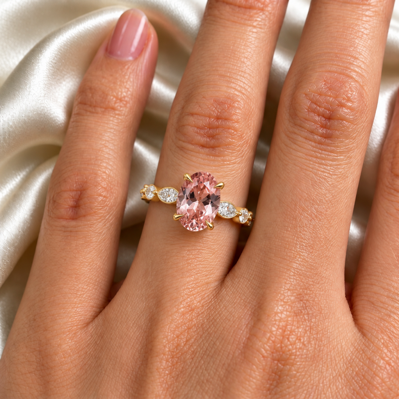 Oval Cut Lab Grown Morganite Hidden Halo Side Stone Engagement Ring - Image 5
