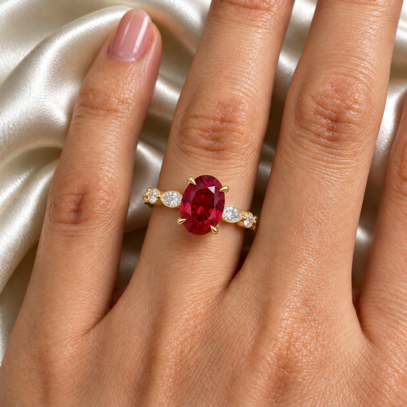 Oval Cut Lab Grown Ruby Hidden Halo Side Stone Engagement Ring - Image 5