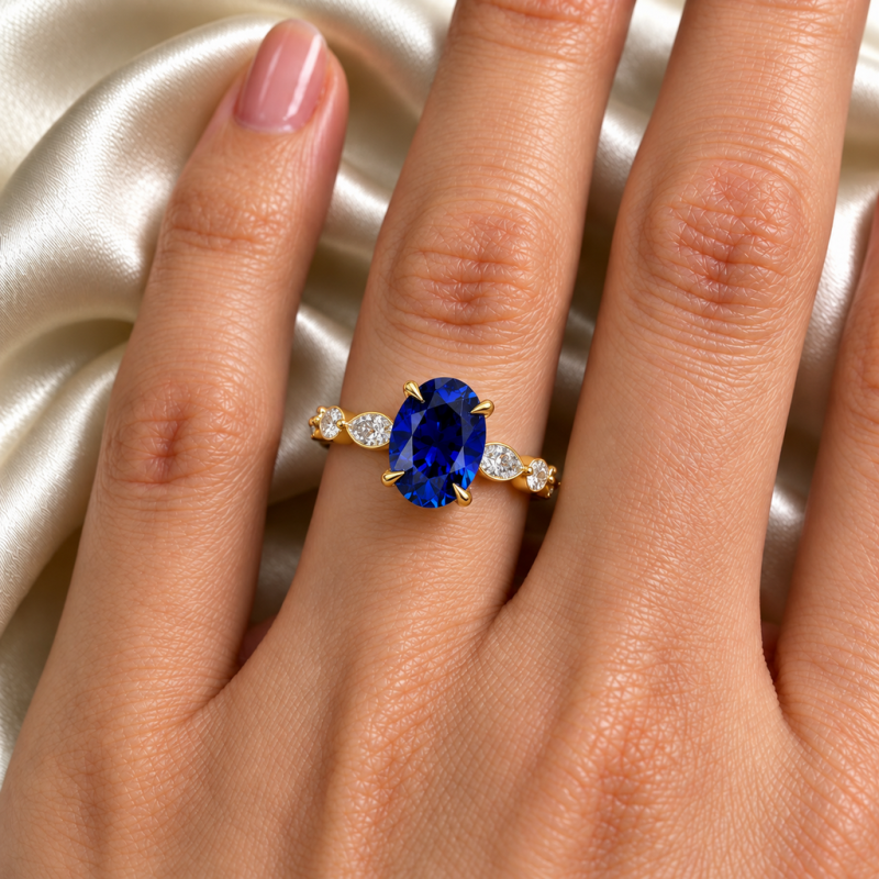 Oval Cut Lab Grown Sapphire Hidden Halo Side Stone Engagement Ring - Image 5
