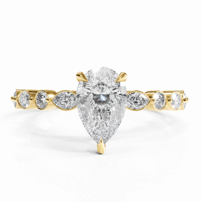 Pear Cut Moissanite Hidden Halo Side Stone Engagement Ring
