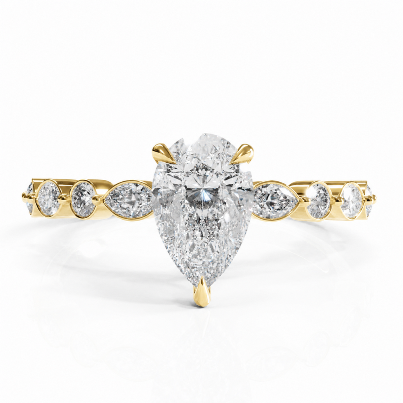 Pear Cut Moissanite Hidden Halo Side Stone Engagement Ring - Image 1