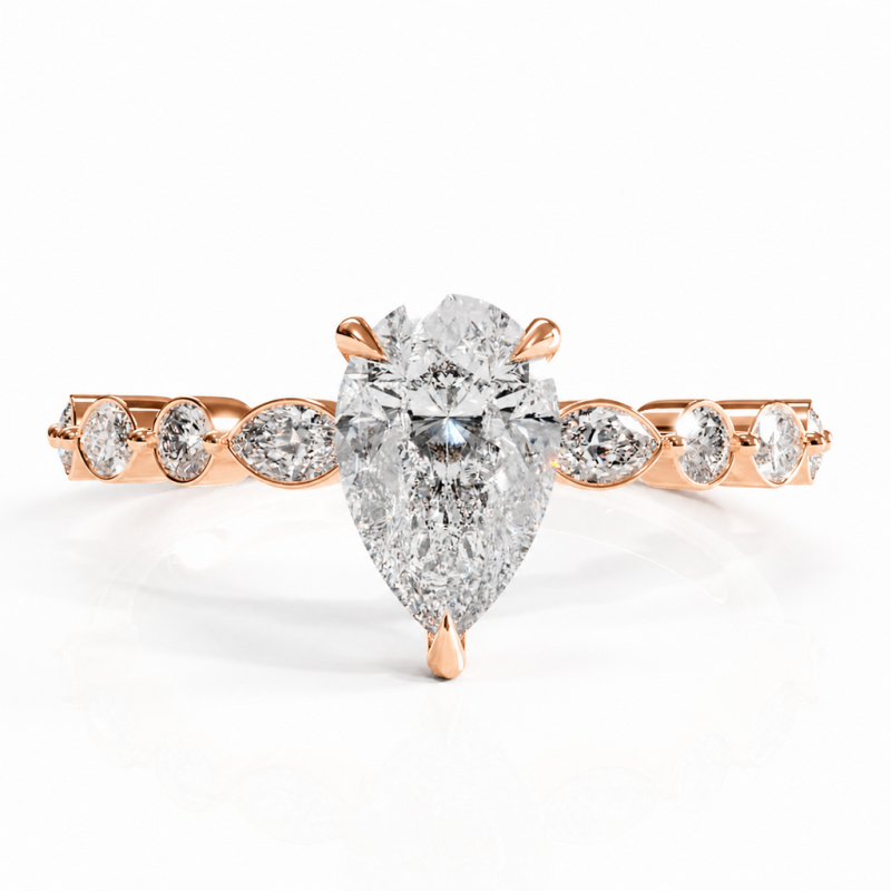 Pear Cut Moissanite Hidden Halo Side Stone Engagement Ring - Image 2