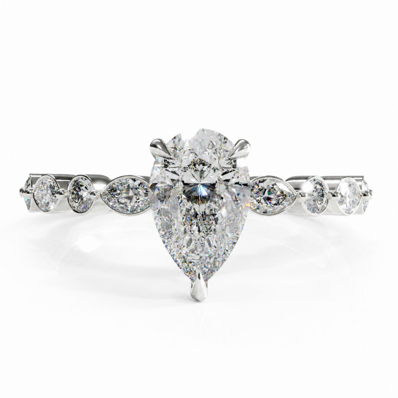 Pear Cut Moissanite Hidden Halo Side Stone Engagement Ring - Image 3