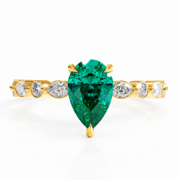 Pear Cut Lab Grown Emerald Hidden Halo Side Stone Engagement Ring