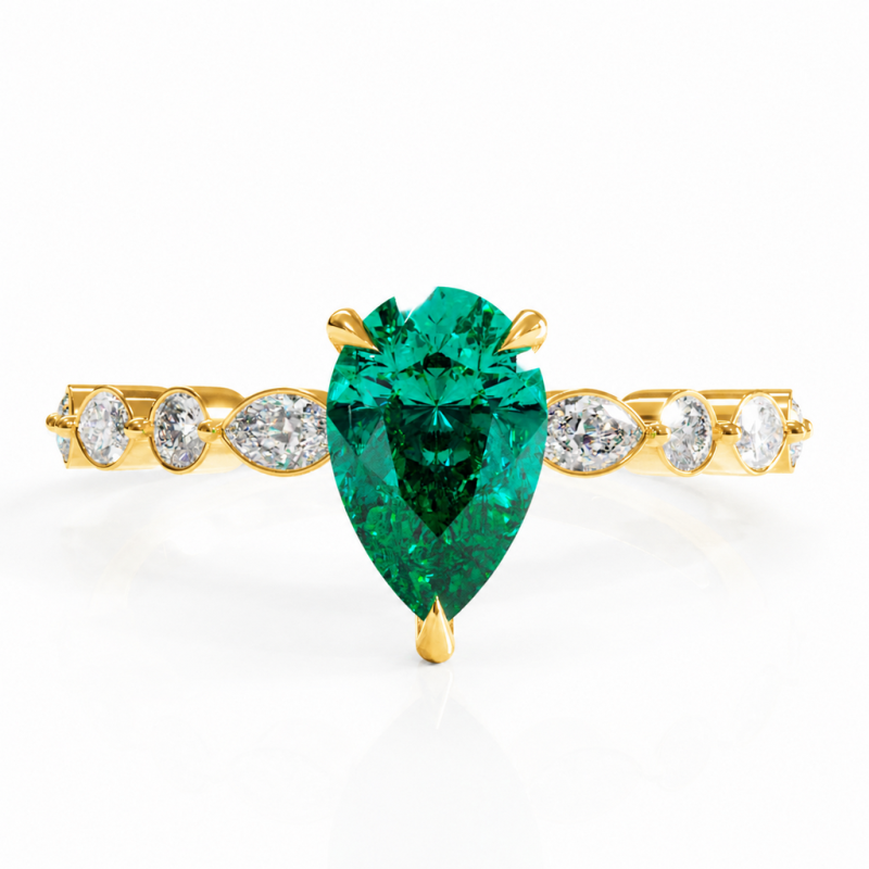Pear Cut Lab Grown Emerald Hidden Halo Side Stone Engagement Ring - Image 1