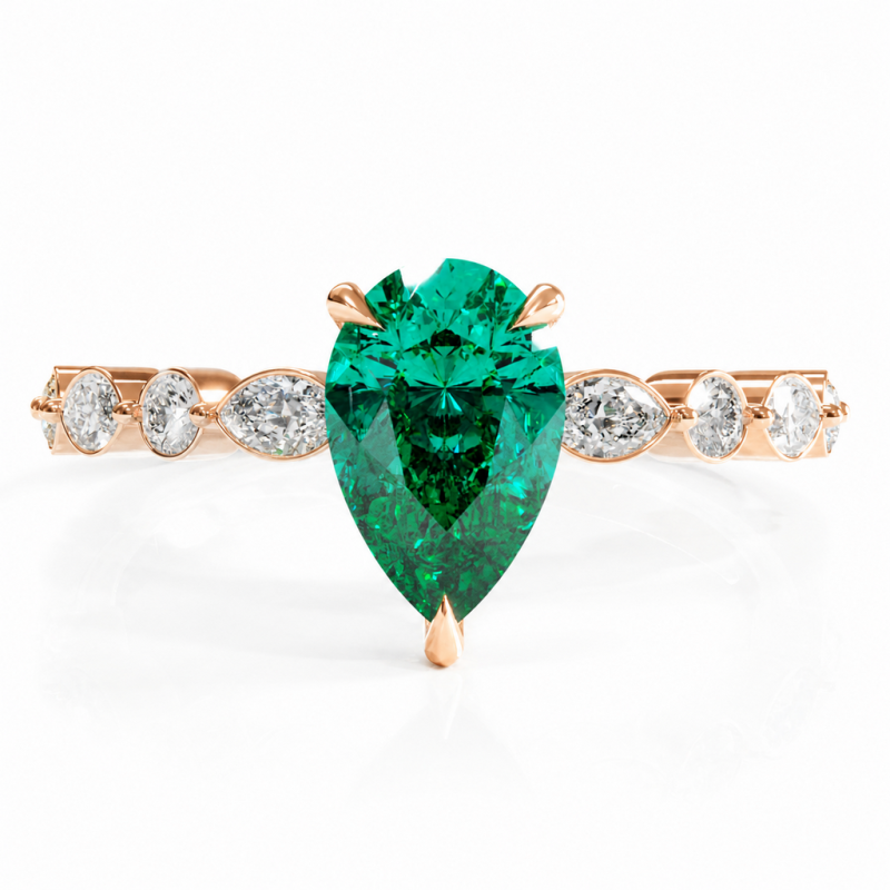 Pear Cut Lab Grown Emerald Hidden Halo Side Stone Engagement Ring - Image 2