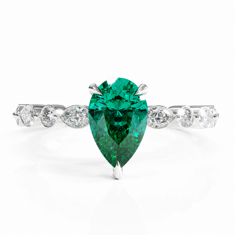 Pear Cut Lab Grown Emerald Hidden Halo Side Stone Engagement Ring - Image 3