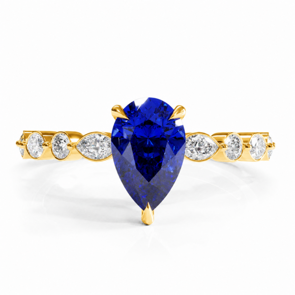 Pear Cut Lab Grown Sapphire Hidden Halo Side Stone Engagement Ring