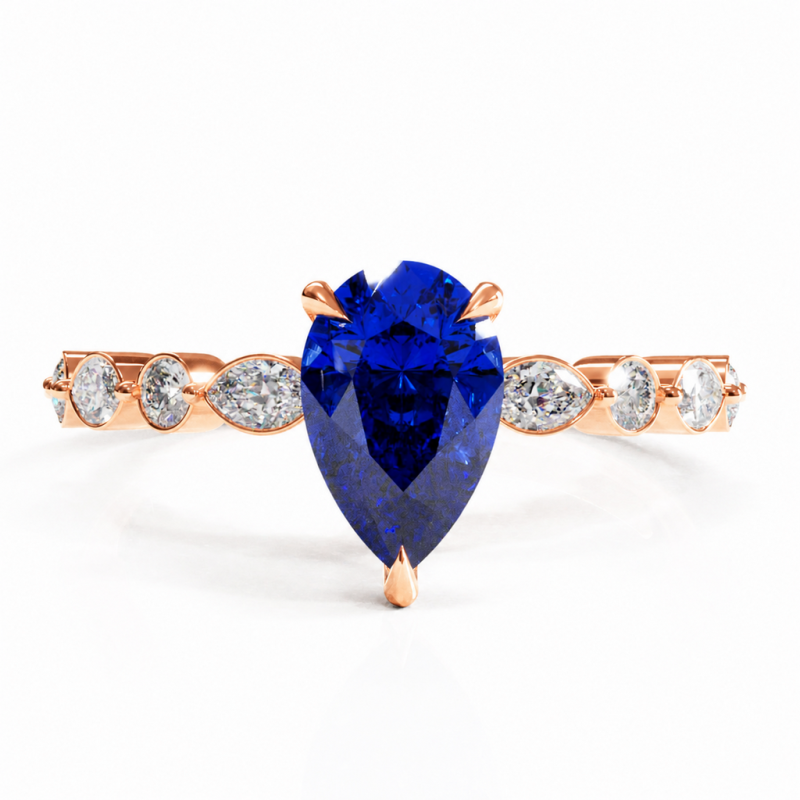 Pear Cut Lab Grown Sapphire Hidden Halo Side Stone Engagement Ring - Image 2